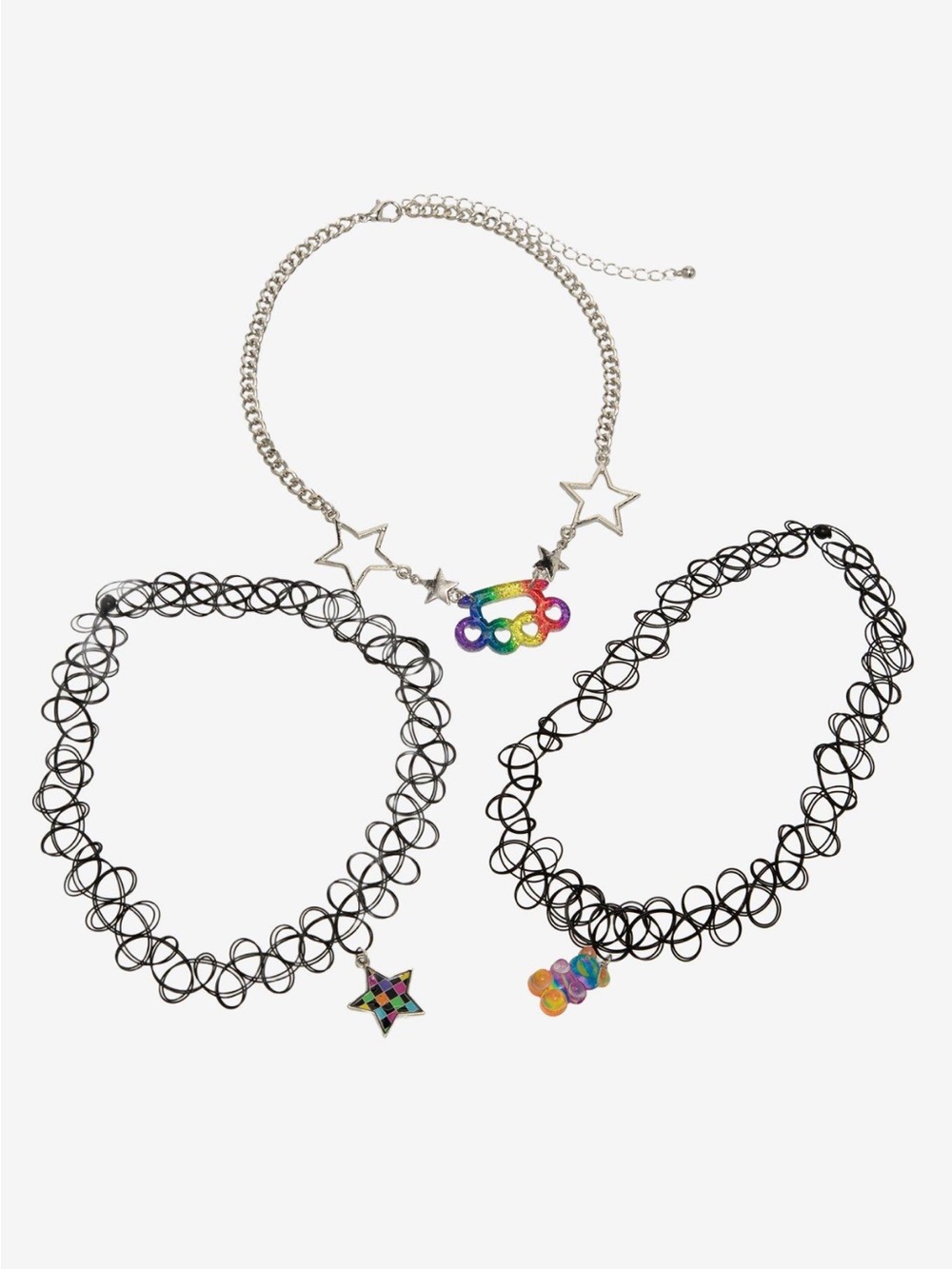 3-Pack Rainbow Charm and Black Tattoo Choker Necklace Set